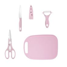 Mini cutting board set with peeler and scissors, perfect for camping