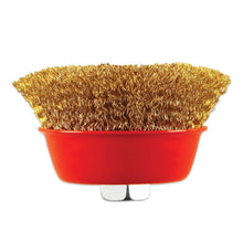 Durable gold wire wheel brush for cleaning.