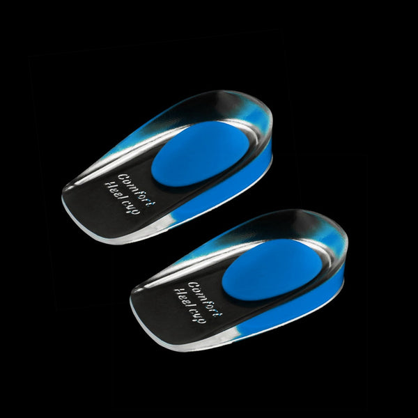 Gel heel cups for cushioning and relieving heel pain.