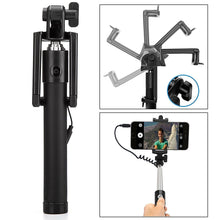 Adjustable selfie stick with aux cable for smartphones.